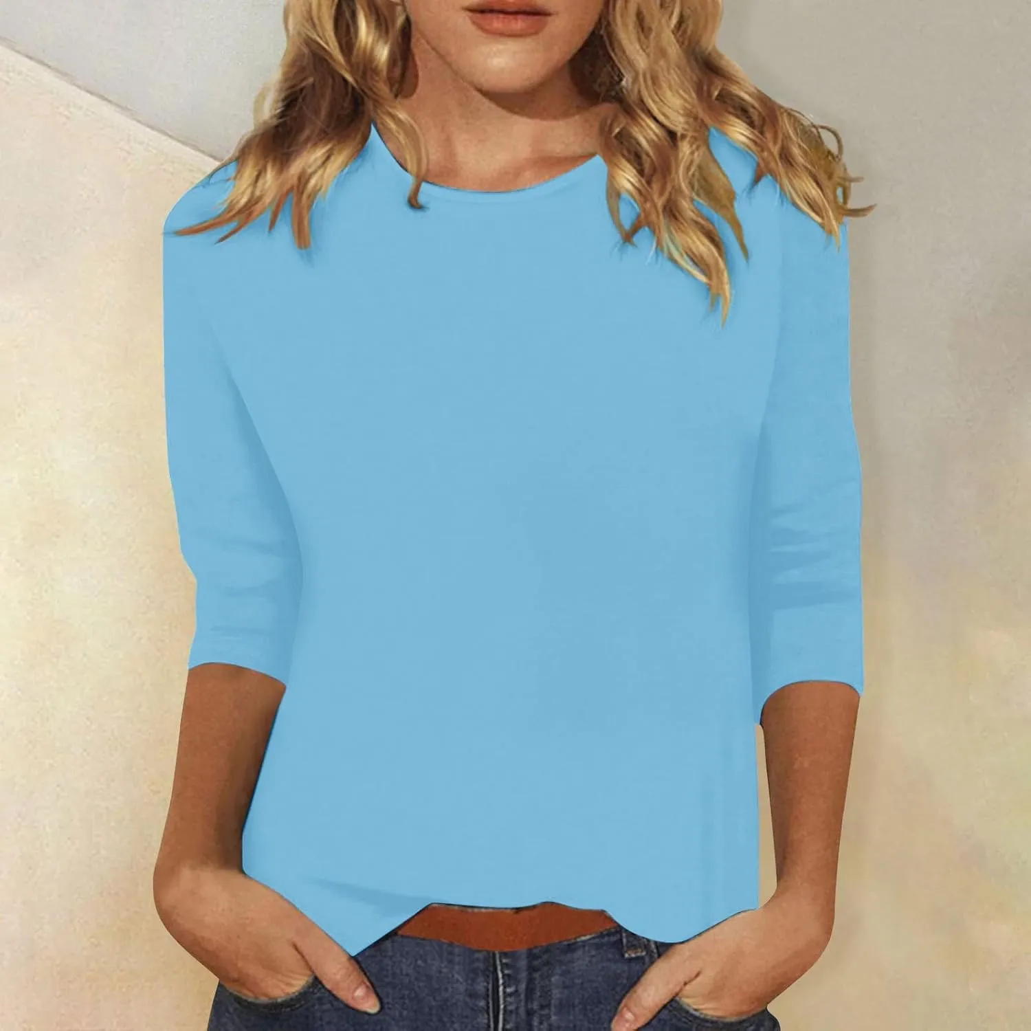 Womens Cotton Tops Casual Elbow Length Tee Shirts Round Neck Basic Tees Blouses Loose Fit Solid Color Tshirt Pullover