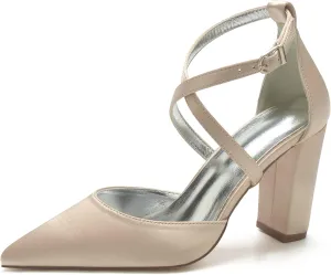 Women's Cross Strappy White Wedding Shoes for Bride High Heels Pointed Toe Bridal Shoes Satin Block Heels Prom Party Dress Pumps Sandals