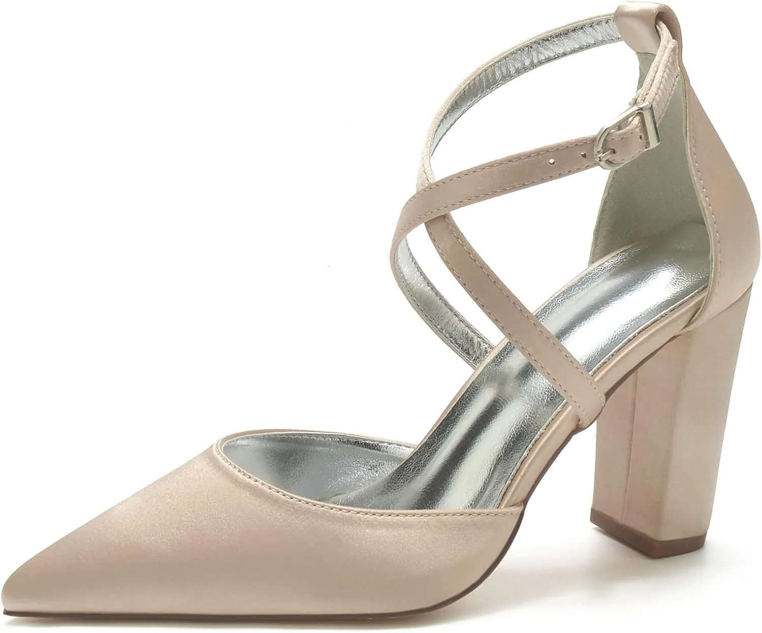 Women's Cross Strappy White Wedding Shoes for Bride High Heels Pointed Toe Bridal Shoes Satin Block Heels Prom Party Dress Pumps Sandals