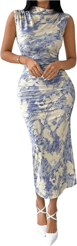 Women's Floral Print Midi Bodycon Dresses Split Thigh Ruched Mock Neck Fitted Tank Dress