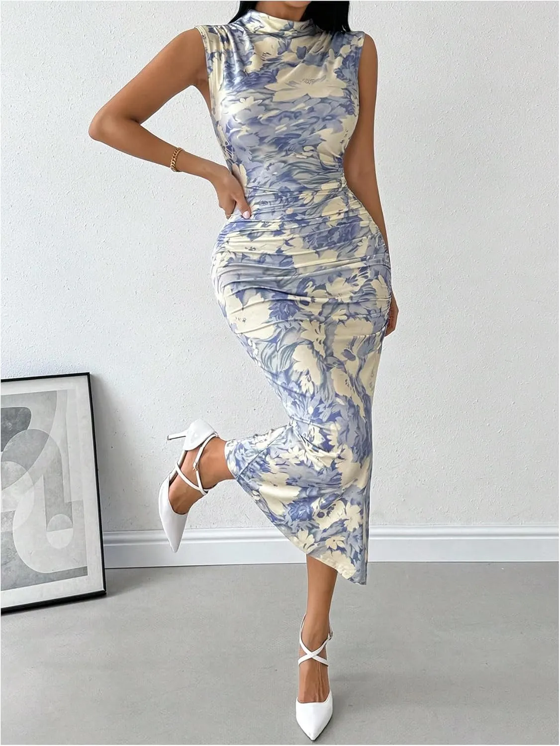 Women's Floral Print Midi Bodycon Dresses Split Thigh Ruched Mock Neck Fitted Tank Dress