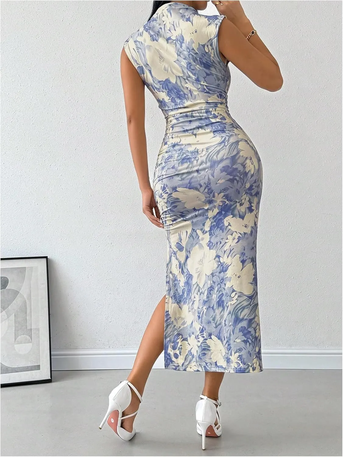 Women's Floral Print Midi Bodycon Dresses Split Thigh Ruched Mock Neck Fitted Tank Dress