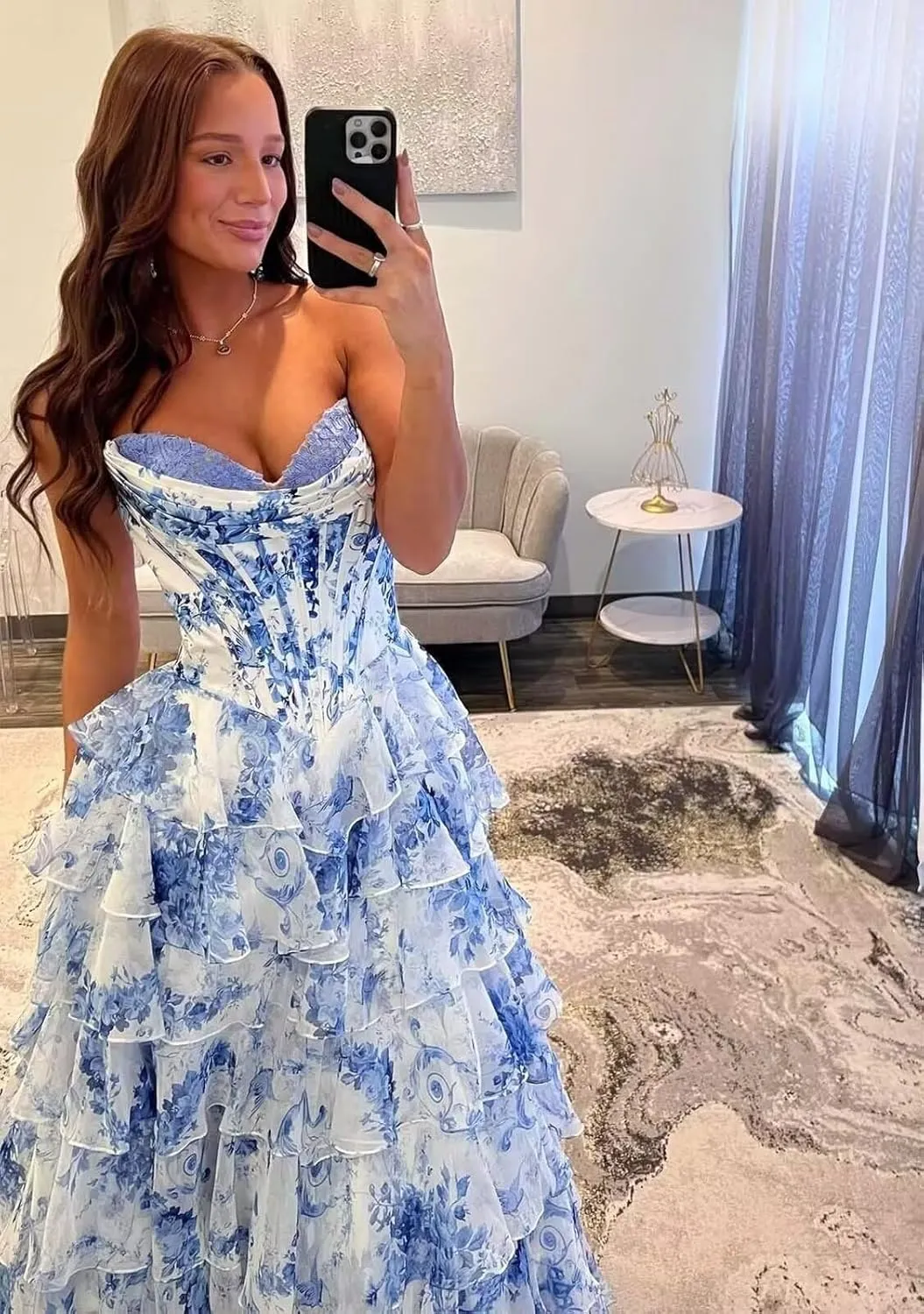 Women's Flower Prom Dresses Tiered with Slit Strapless Corset Fairy Formal Evening Gown