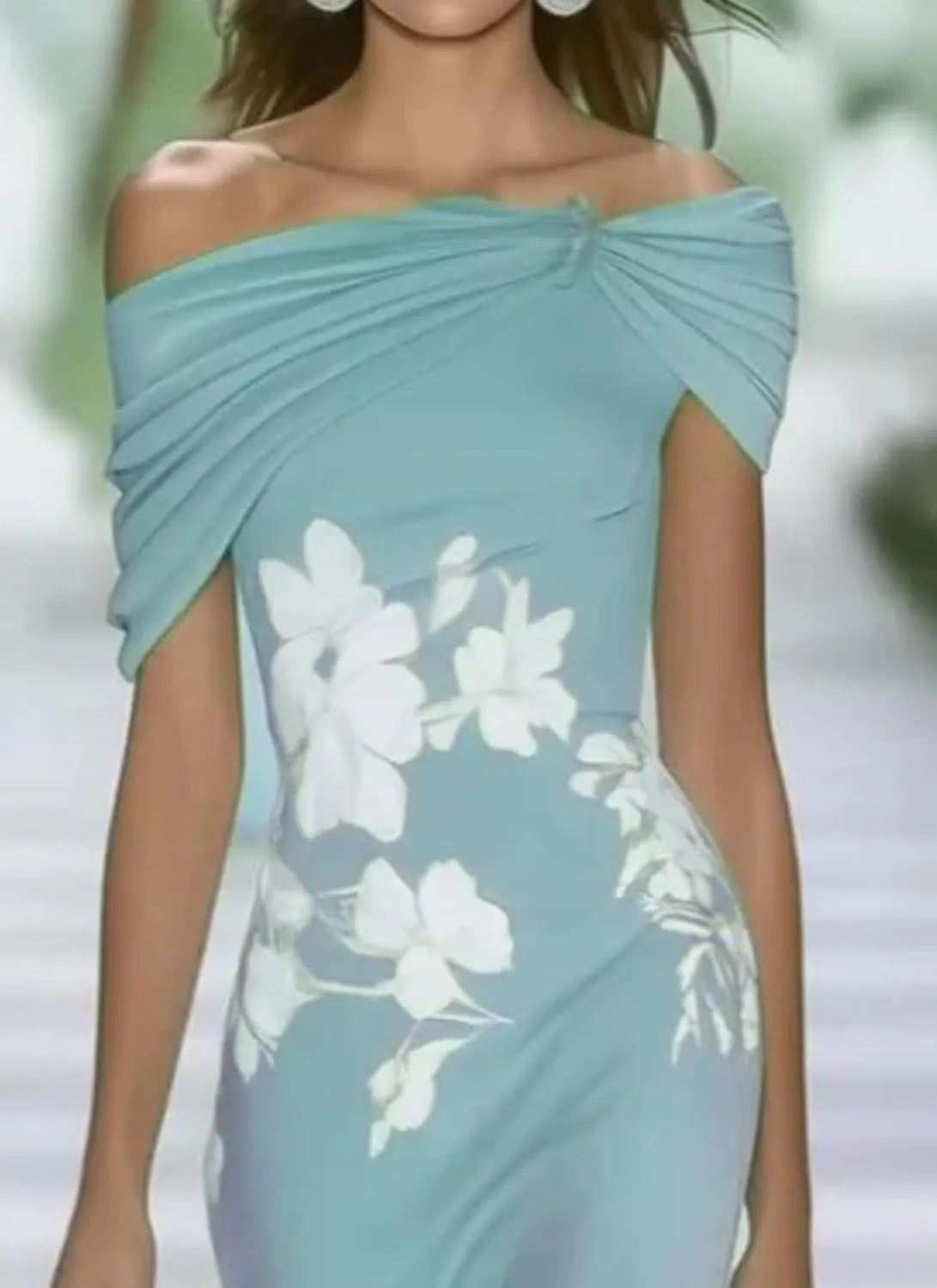 Womens Fresh Off Shoulder Floral Print Green Maxi Dress 2025 Fashion Slim Fit Summer Dress