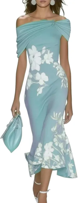 Womens Fresh Off Shoulder Floral Print Green Maxi Dress 2025 Fashion Slim Fit Summer Dress