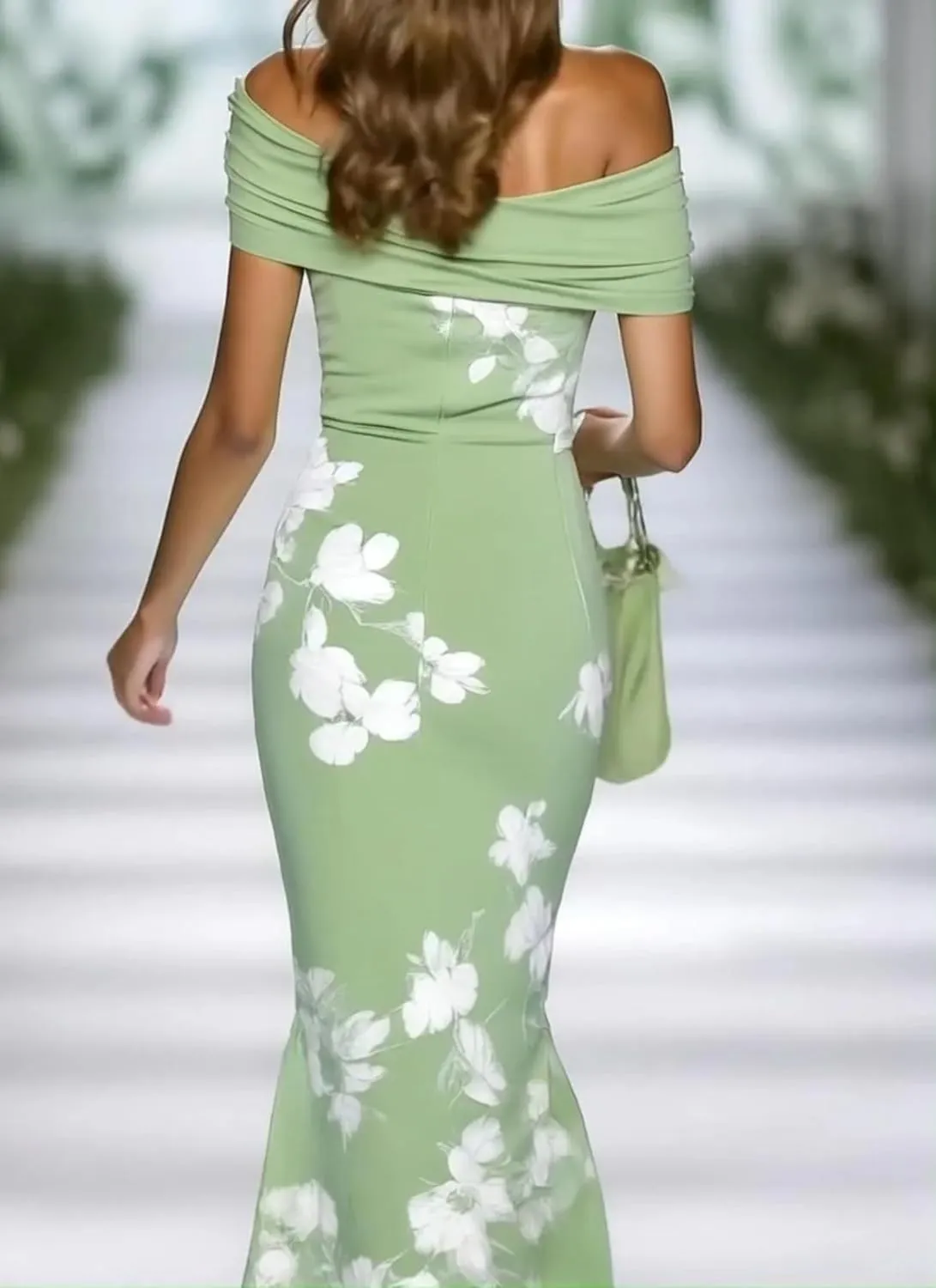 Womens Fresh Off Shoulder Floral Print Green Maxi Dress 2025 Fashion Slim Fit Summer Dress