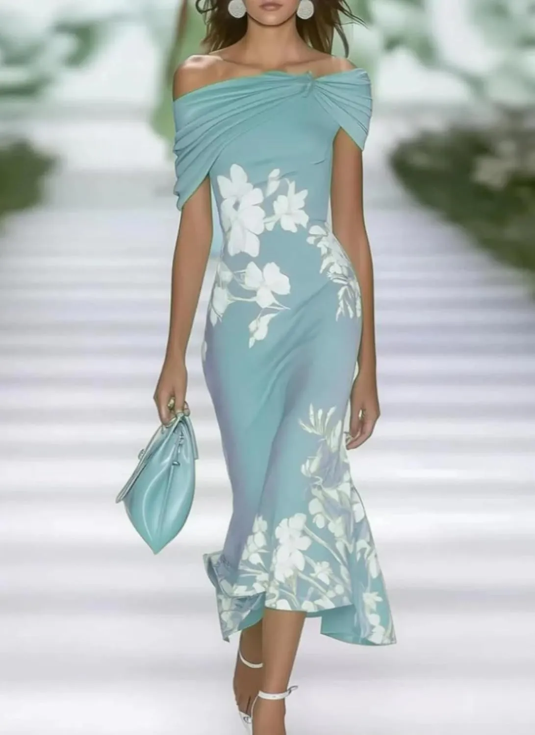 Womens Fresh Off Shoulder Floral Print Green Maxi Dress 2025 Fashion Slim Fit Summer Dress