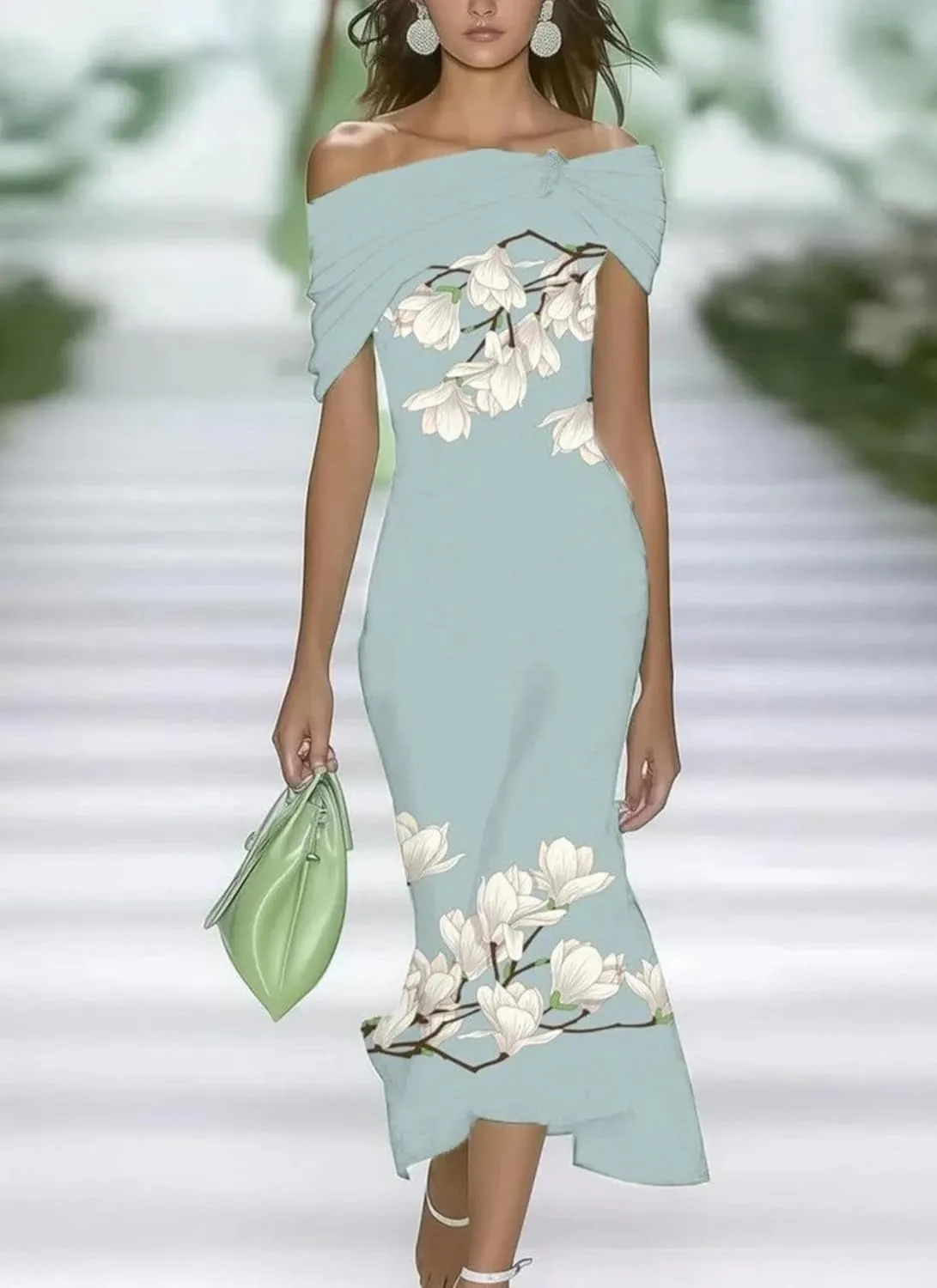 Womens Fresh Off Shoulder Floral Print Green Maxi Dress 2025 Fashion Slim Fit Summer Dress