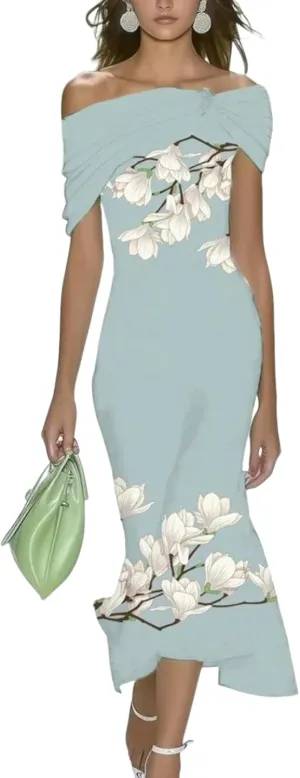 Womens Fresh Off Shoulder Floral Print Green Maxi Dress 2025 Fashion Slim Fit Summer Dress