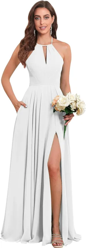 Women's Halter Chiffon Bridesmaid Dresses with Slit Long Pleated Evening Dress Formal Party Gowns
