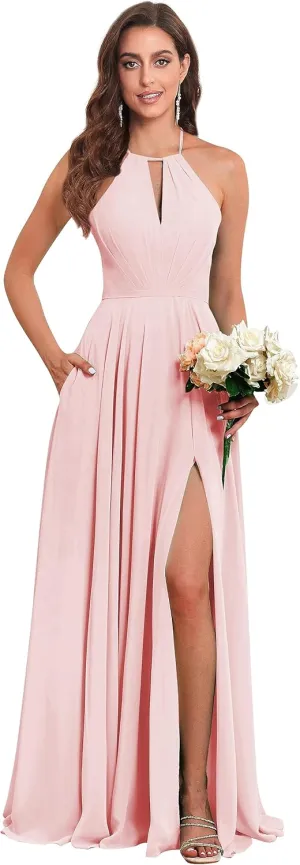 Women's Halter Chiffon Bridesmaid Dresses with Slit Long Pleated Evening Dress Formal Party Gowns