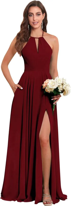 Women's Halter Chiffon Bridesmaid Dresses with Slit Long Pleated Evening Dress Formal Party Gowns