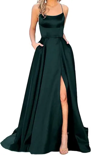 Women's Halter Prom Dresses Long Side Spilt Backless Satin Formal Evening Gowns with Pockets Dark Green