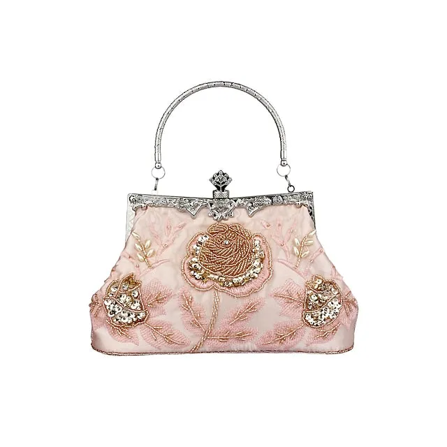 Women's Handbag Evening Bag Satin Alloy Valentine's Day Wedding Party Rhinestone Embroidery Rose Flower Silver Dark Grey Champagne