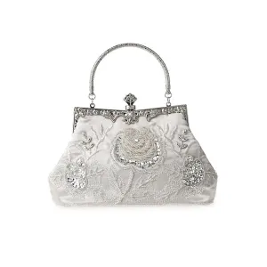 Women's Handbag Evening Bag Satin Alloy Valentine's Day Wedding Party Rhinestone Embroidery Rose Flower Silver Dark Grey Champagne