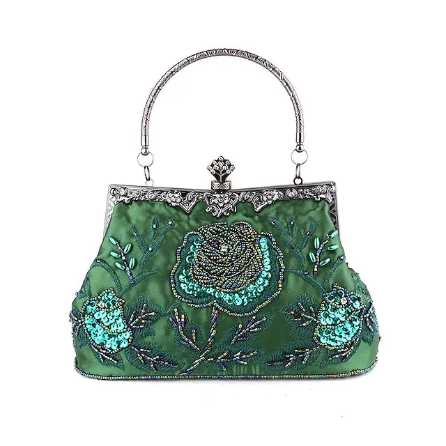 Women's Handbag Evening Bag Satin Alloy Valentine's Day Wedding Party Rhinestone Embroidery Rose Flower Silver Dark Grey Champagne