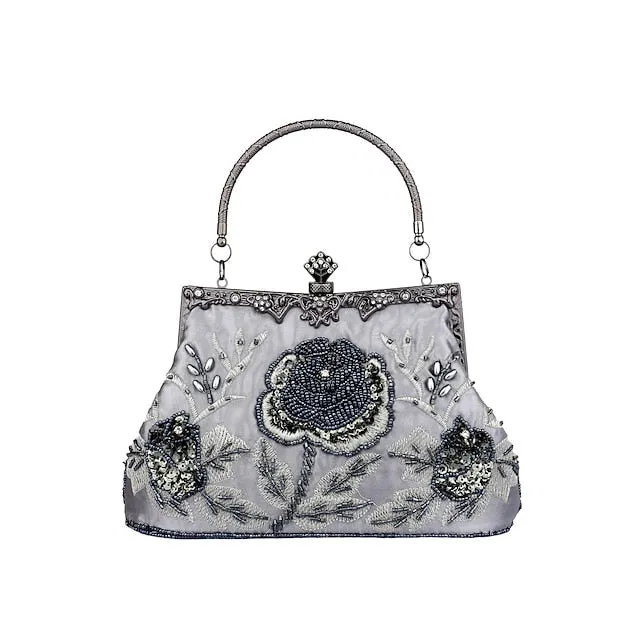Women's Handbag Evening Bag Satin Alloy Valentine's Day Wedding Party Rhinestone Embroidery Rose Flower Silver Dark Grey Champagne