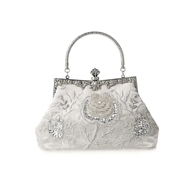 Women's Handbag Evening Bag Satin Alloy Valentine's Day Wedding Party Rhinestone Embroidery Rose Flower Silver Dark Grey Champagne
