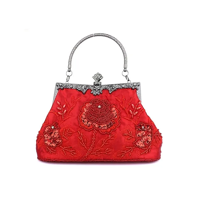 Women's Handbag Evening Bag Satin Alloy Valentine's Day Wedding Party Rhinestone Embroidery Rose Flower Silver Dark Grey Champagne