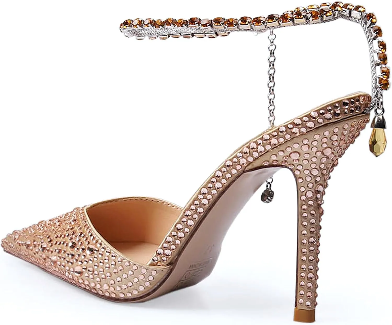 Women's Heeled Sandals Crystal Chain Ankle Straps Rhinestones Buckle High Heels Stiletto Slip On Wedding Party Satin Dress Shoes 3.9 IN