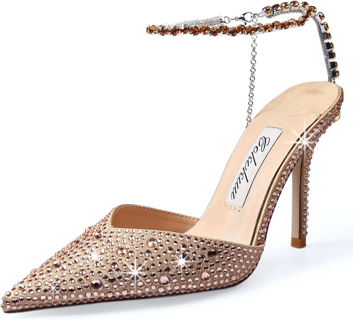 Women's Heeled Sandals Crystal Chain Ankle Straps Rhinestones Buckle High Heels Stiletto Slip On Wedding Party Satin Dress Shoes 3.9 IN