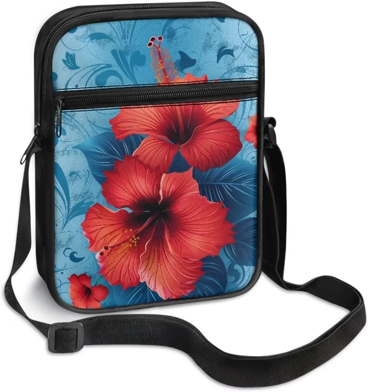 Women's Hibiscus Flower Crossbody Bag, Zip Small Messenger Shoulder Storage Bags