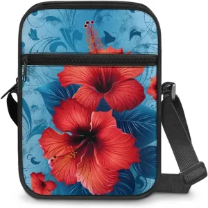Women's Hibiscus Flower Crossbody Bag, Zip Small Messenger Shoulder Storage Bags