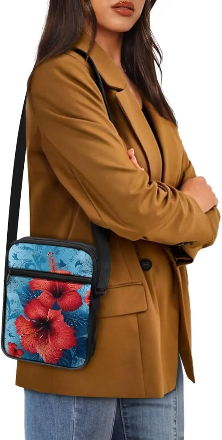 Women's Hibiscus Flower Crossbody Bag, Zip Small Messenger Shoulder Storage Bags