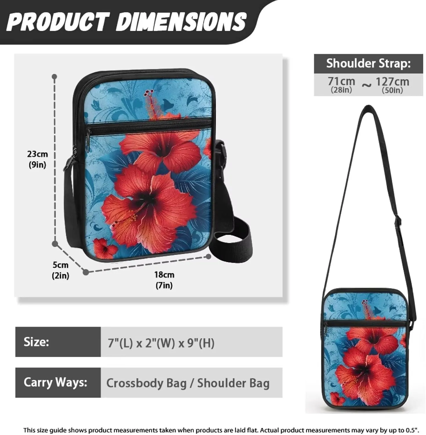 Women's Hibiscus Flower Crossbody Bag, Zip Small Messenger Shoulder Storage Bags