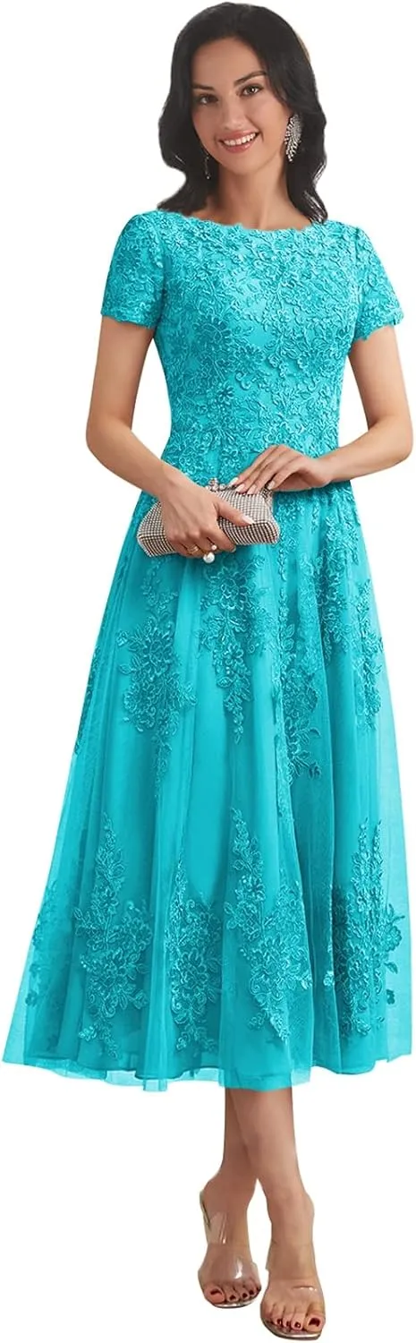 Women's Lace Applique Mother of The Bride Dresses for Wedding with Sleeves Tea Length Tulle Formal Gown