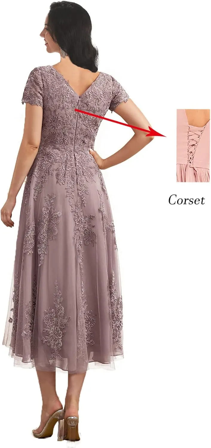 Women's Lace Applique Mother of The Bride Dresses for Wedding with Sleeves Tea Length Tulle Formal Gown