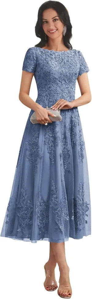 Women's Lace Applique Mother of The Bride Dresses for Wedding with Sleeves Tea Length Tulle Formal Gown