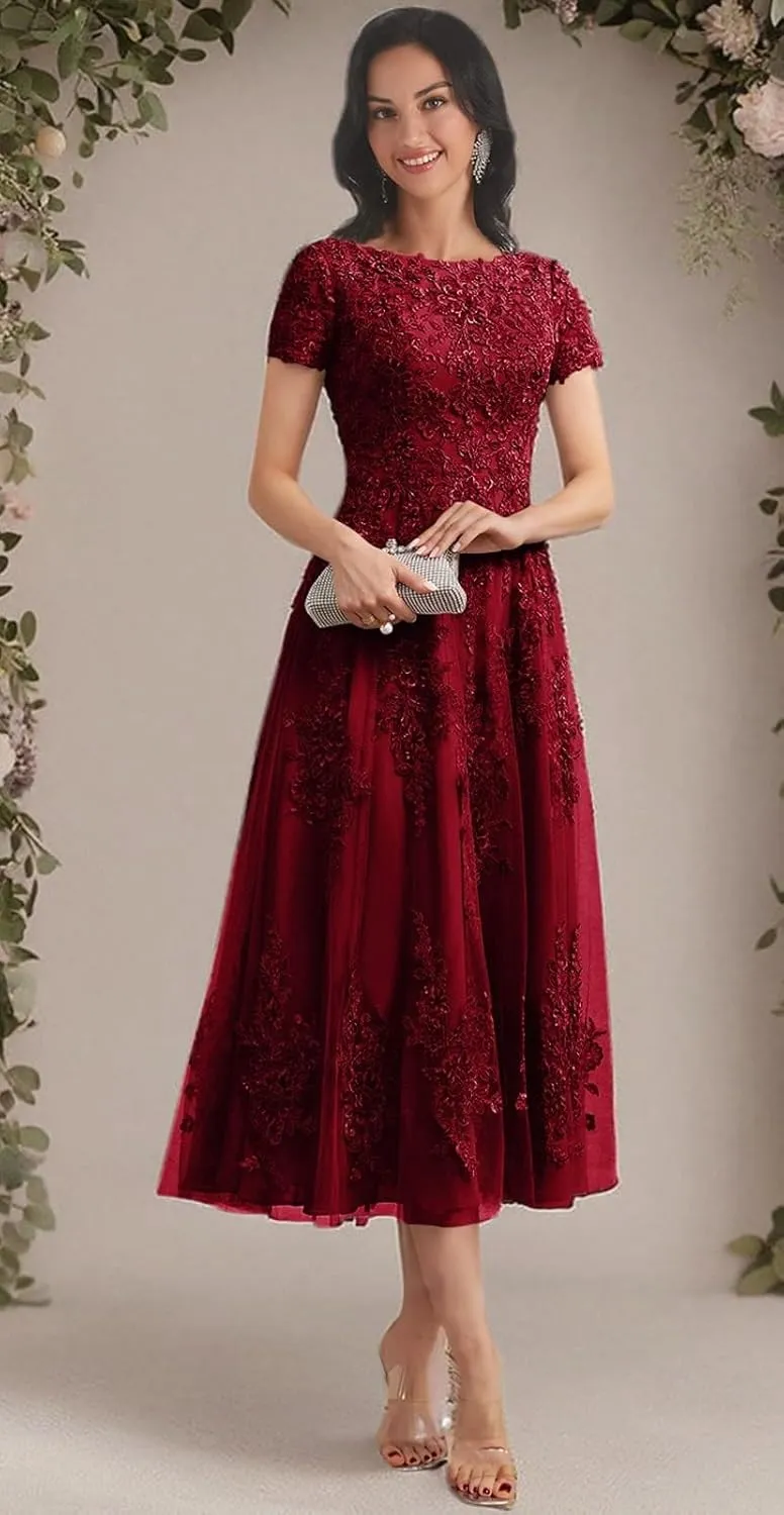 Women's Lace Applique Mother of The Bride Dresses for Wedding with Sleeves Tea Length Tulle Formal Gown