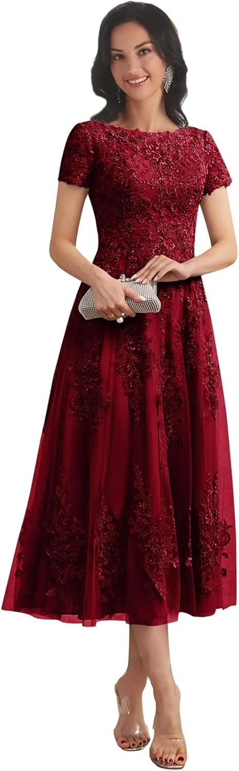 Women's Lace Applique Mother of The Bride Dresses for Wedding with Sleeves Tea Length Tulle Formal Gown