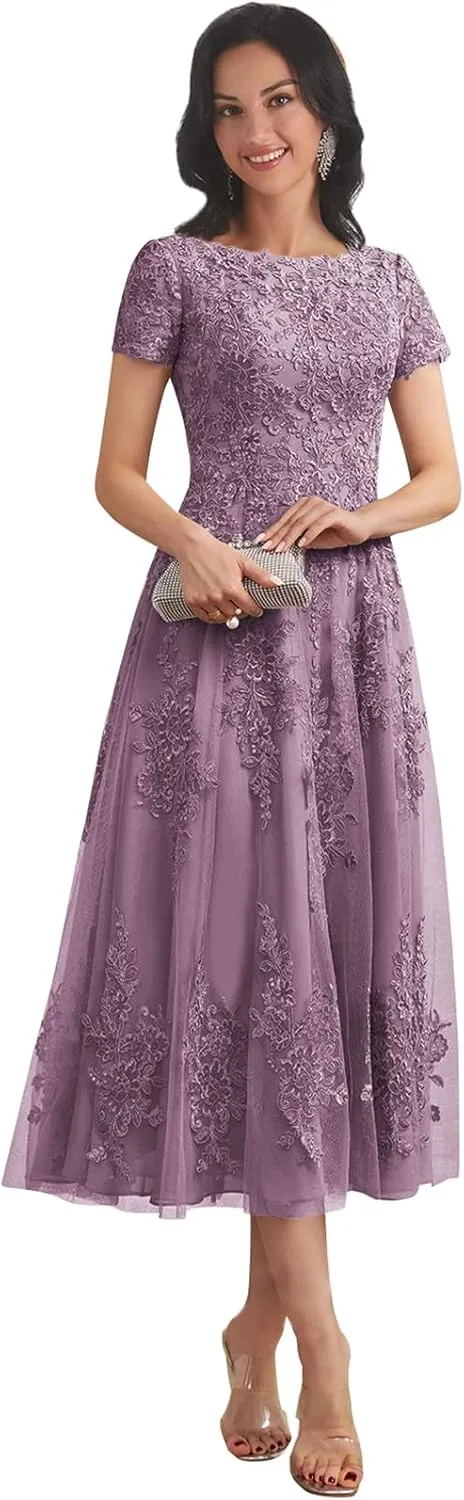 Women's Lace Applique Mother of The Bride Dresses for Wedding with Sleeves Tea Length Tulle Formal Gown