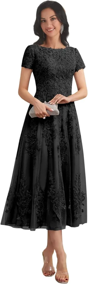 Women's Lace Applique Mother of The Bride Dresses for Wedding with Sleeves Tea Length Tulle Formal Gown