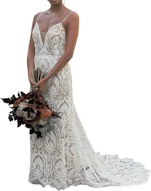 Women's Lace Boho Wedding Dresses for Bride Plus Size Long Beach Mermaid Bridal Dress Bohemian Wedding Gowns