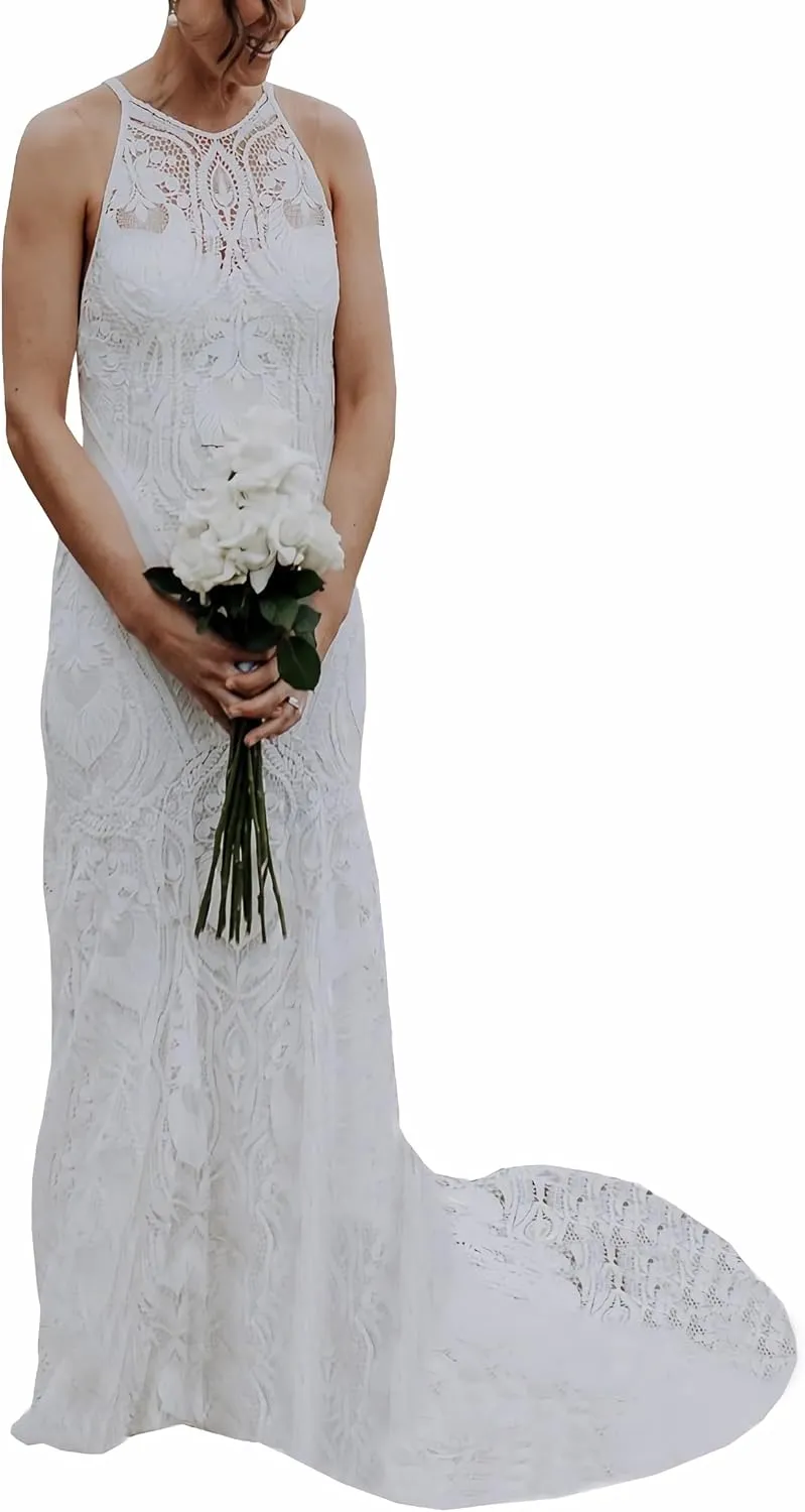 Women's Lace Boho Wedding Dresses for Bride Plus Size Long Beach Mermaid Bridal Dress Bohemian Wedding Gowns