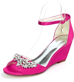 Womens Ladies Wedge Sandals Elegant Rhinestone Satin Ankle Strap High Heels Evening Party Bridal Wedding Prom Pumps