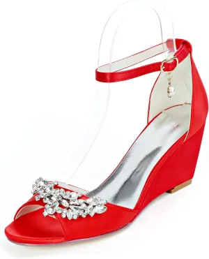Womens Ladies Wedge Sandals Elegant Rhinestone Satin Ankle Strap High Heels Evening Party Bridal Wedding Prom Pumps