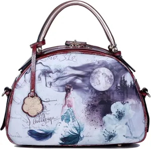 Women's Leather Top Handle Tote Bag Moonlight Blue Design, Floral and Moon Print, Double Zipper Handbag