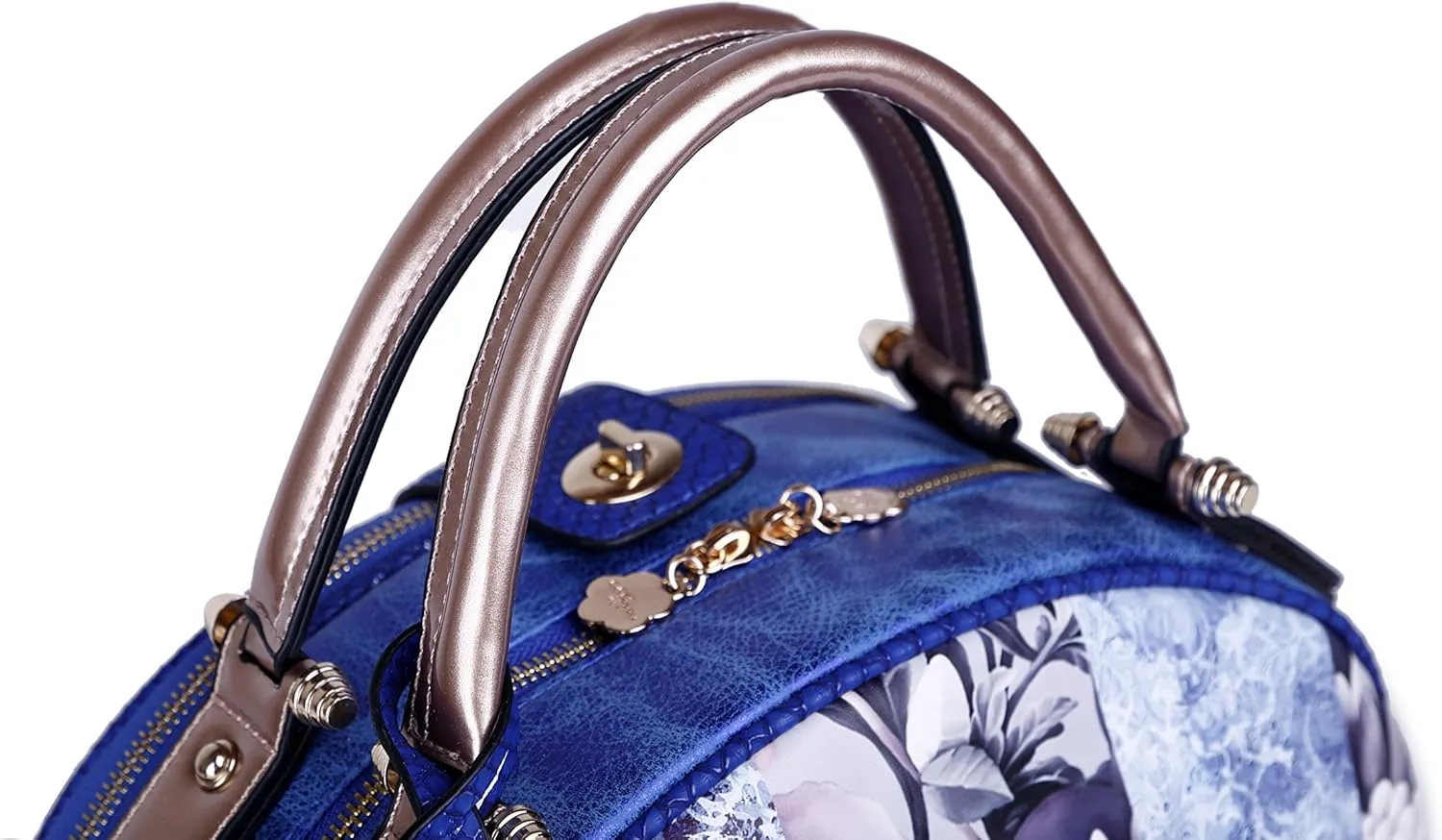 Women's Leather Top Handle Tote Bag Moonlight Blue Design, Floral and Moon Print, Double Zipper Handbag