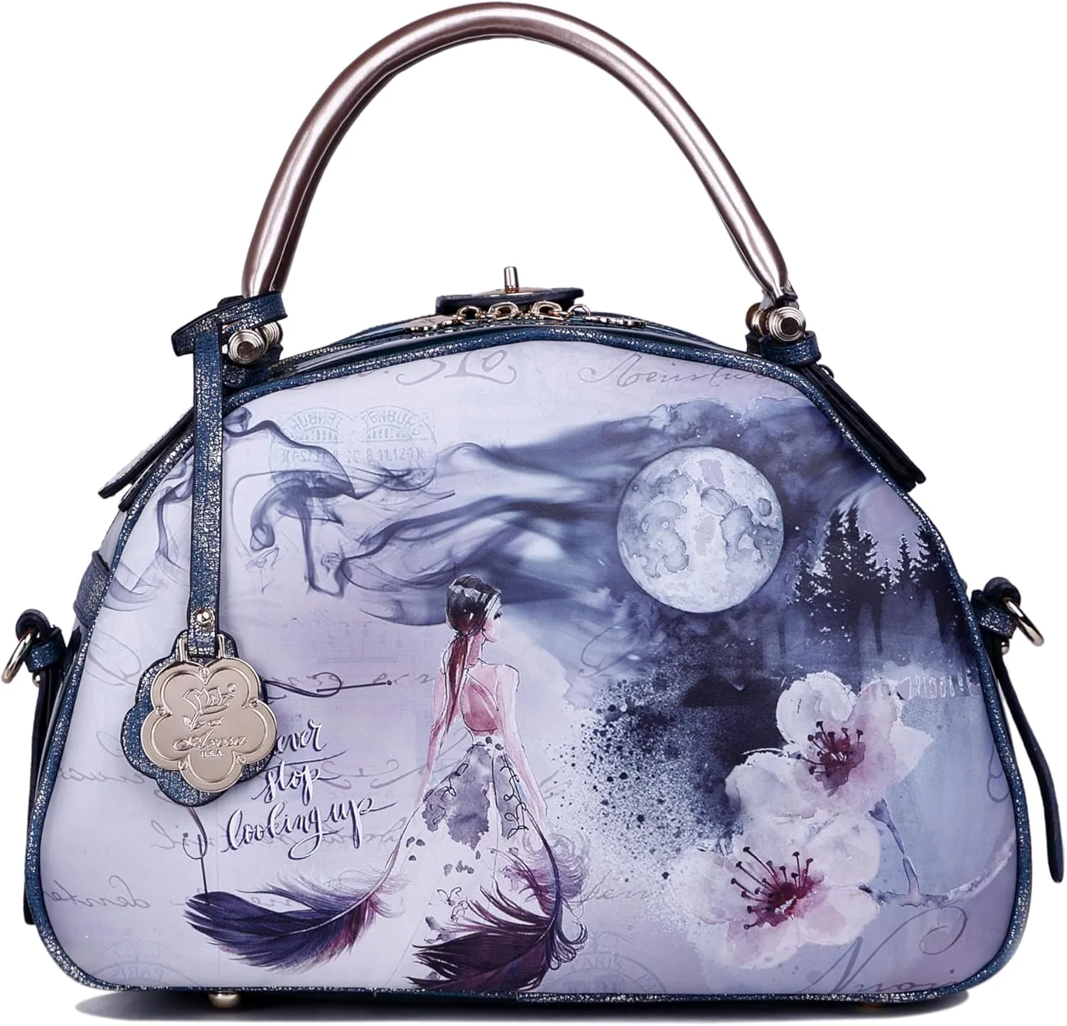 Women's Leather Top Handle Tote Bag Moonlight Blue Design, Floral and Moon Print, Double Zipper Handbag