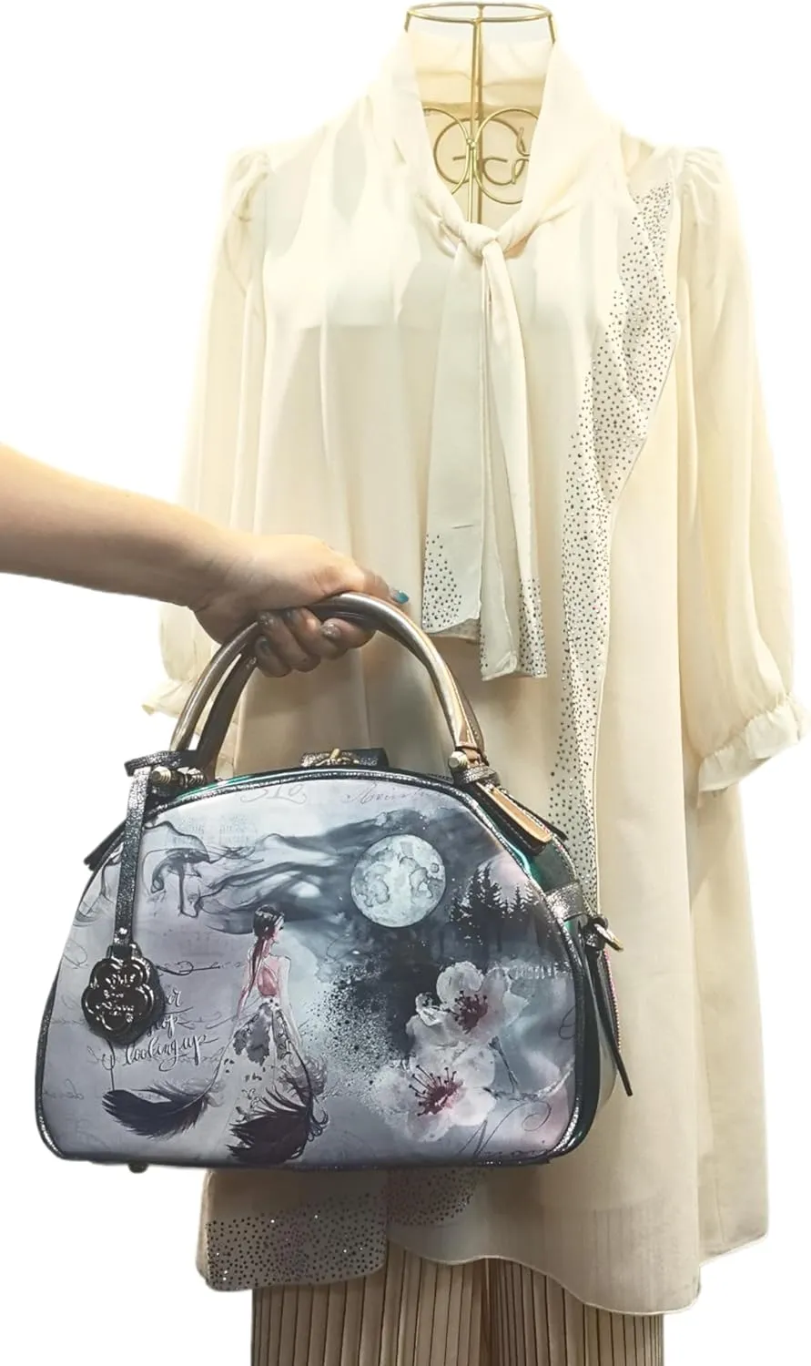 Women's Leather Top Handle Tote Bag Moonlight Blue Design, Floral and Moon Print, Double Zipper Handbag