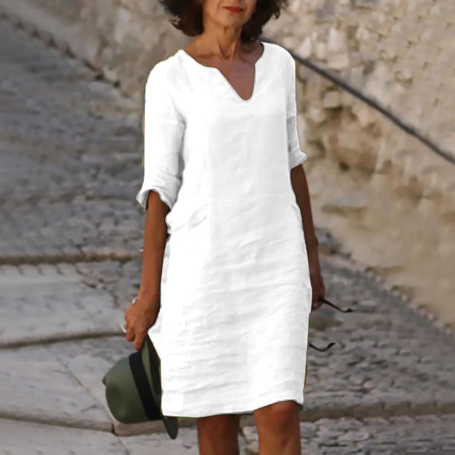 Womens Linen Dress Casual Summer 3/4 Sleeve V Neck Knee Length Mini Dress Cute Elegant Cruise Beach Vacation Sundress