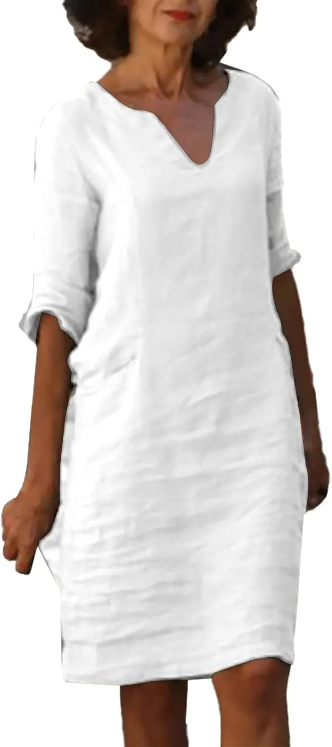 Womens Linen Dress Casual Summer 3/4 Sleeve V Neck Knee Length Mini Dress Cute Elegant Cruise Beach Vacation Sundress