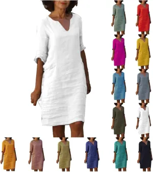 Womens Linen Dress Casual Summer 3/4 Sleeve V Neck Knee Length Mini Dress Cute Elegant Cruise Beach Vacation Sundress