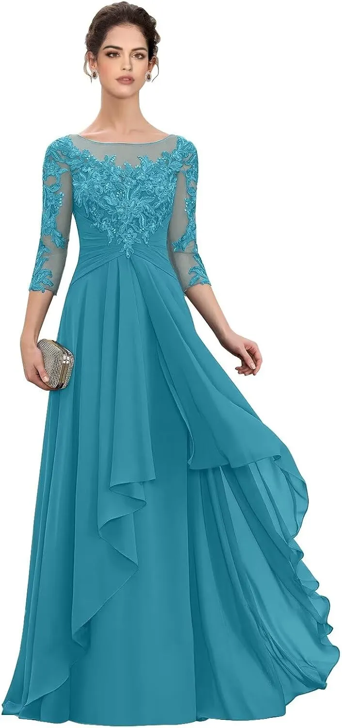 Women‘s Long Lace Mother of The Bride Dresses for Wedding 3/4 Sleeve Chiffon Formal Evening Dress