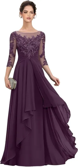 Women‘s Long Lace Mother of The Bride Dresses for Wedding 3/4 Sleeve Chiffon Formal Evening Dress