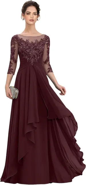 Women‘s Long Lace Mother of The Bride Dresses for Wedding 3/4 Sleeve Chiffon Formal Evening Dress